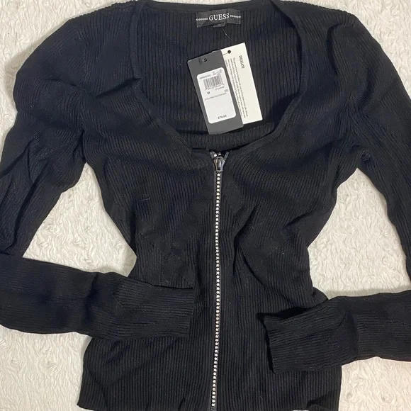 Guess Black Ribbed Rhinestone Zip Cardigan NWT - Picture 1 of 4